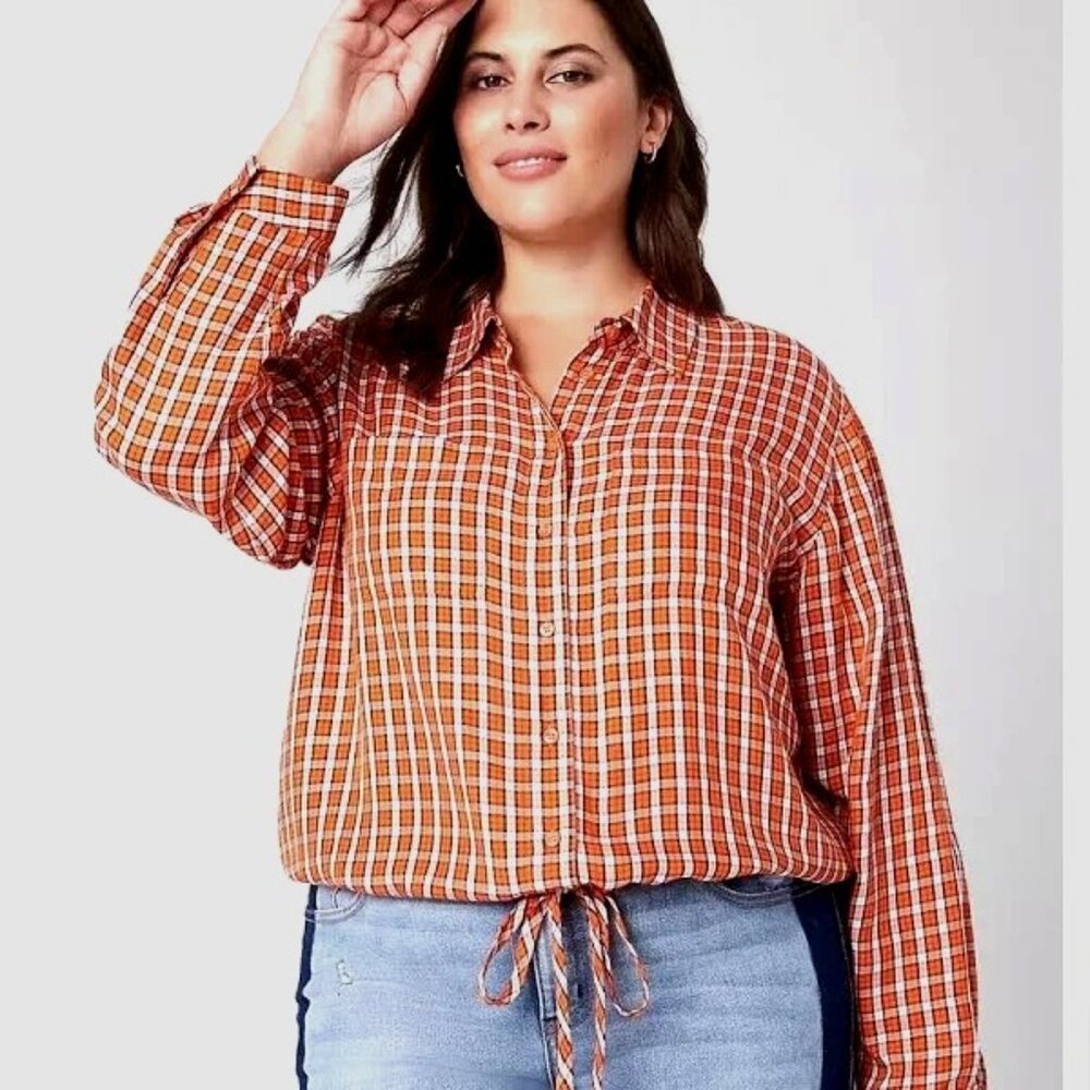 size 14 Lane Bryant flannel plaid top button down no peek cropped tie hem orange - Picture 2 of 6